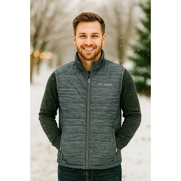 Columbia Powder Lite Insulated Vest Mens S Gray Geometric Omni-Heat Lining - Picture 1 of 9